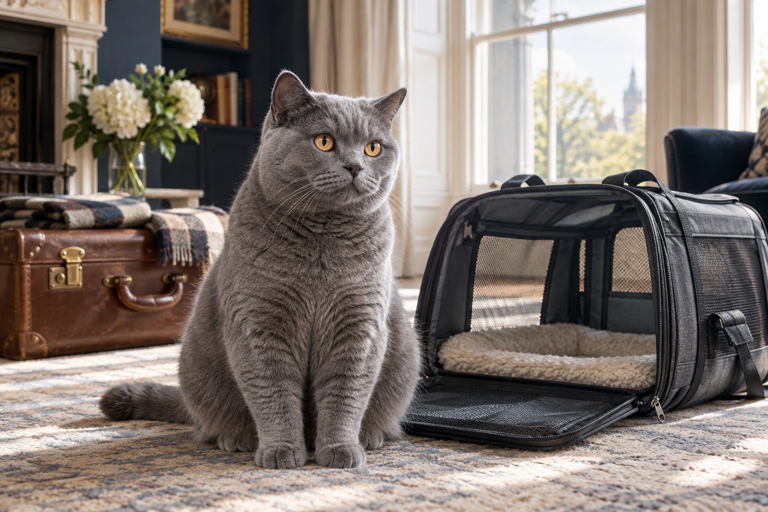 Blue British Shorthair beside a travel carrier, ready for a new chapter