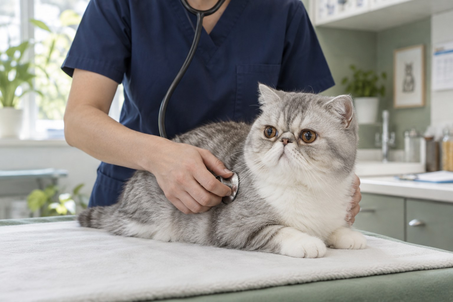 Veterinary professional gently examining an Exotic Shorthair