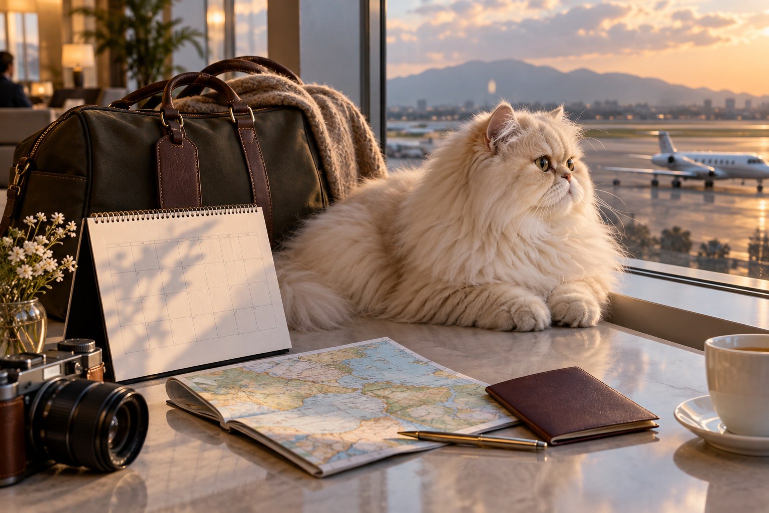 Cream Persian beside travel documents and a calendar in a sunlit lounge