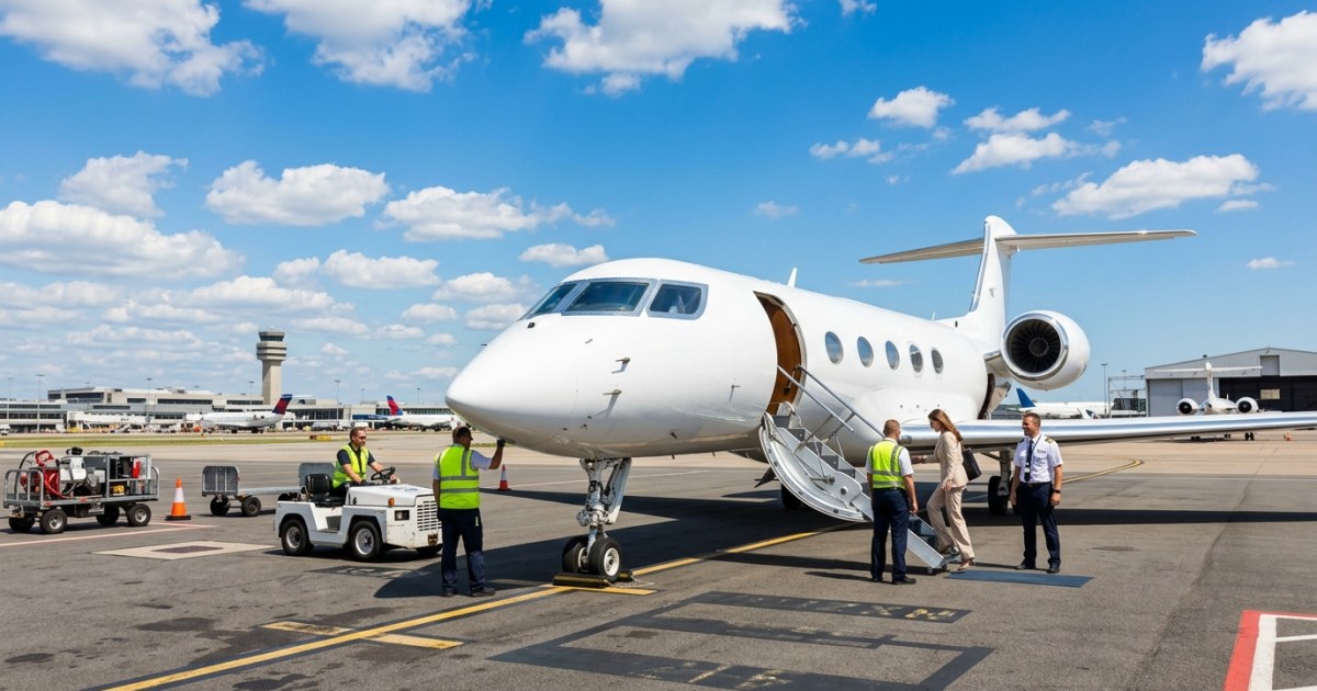 Small private jet parked on airport tarmac at golden hour