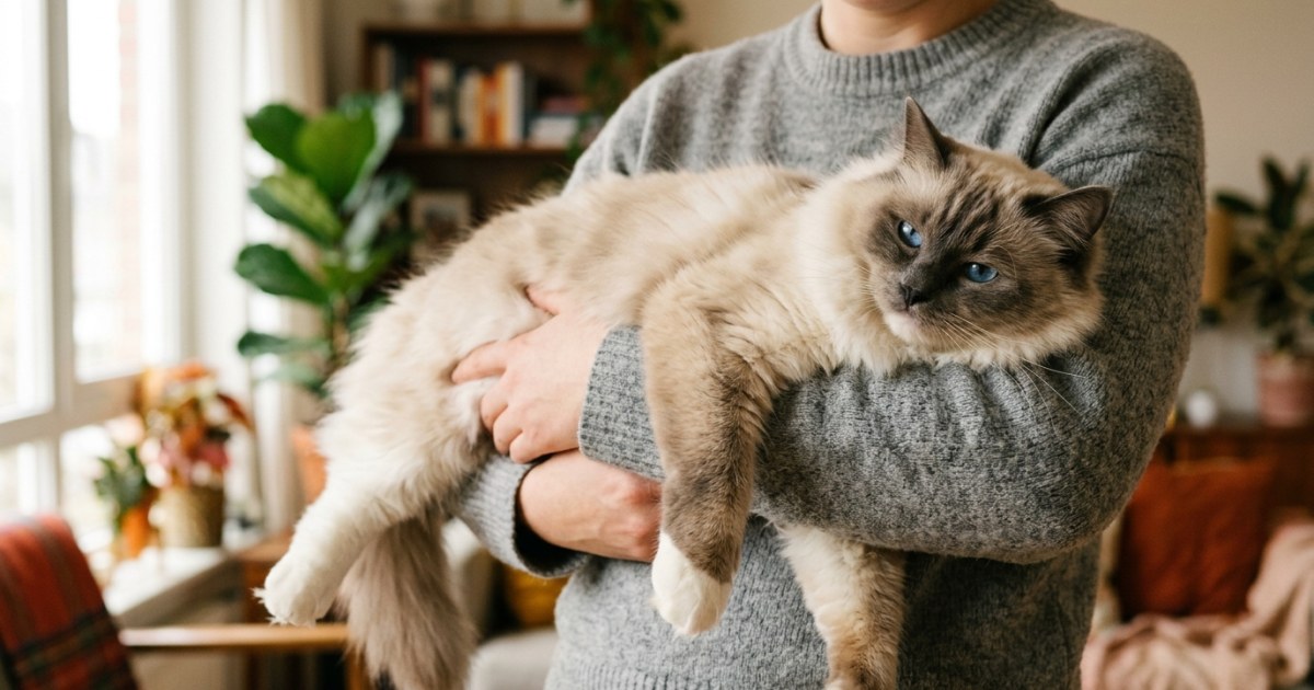A fluffy Ragdoll cat with blue eyes resting calmly in a person's arms, appearing completely relaxed and at ease