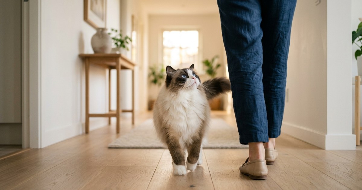 A Ragdoll cat following its owner down a hallway inside a home, looking up attentively