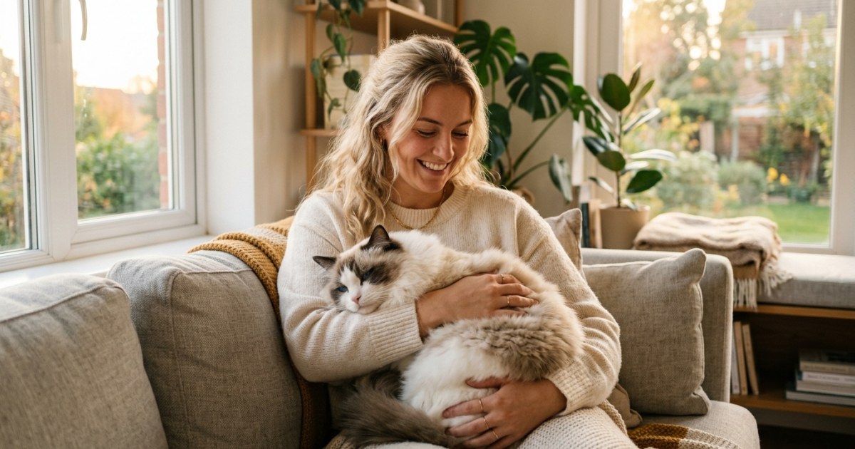 A fluffy blue-eyed Ragdoll cat relaxing contentedly in the arms of its owner on a sunlit sofa