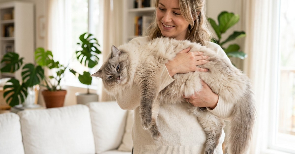 A large fluffy Ragdoll cat lying limp and relaxed in a person's arms with a blissful expression
