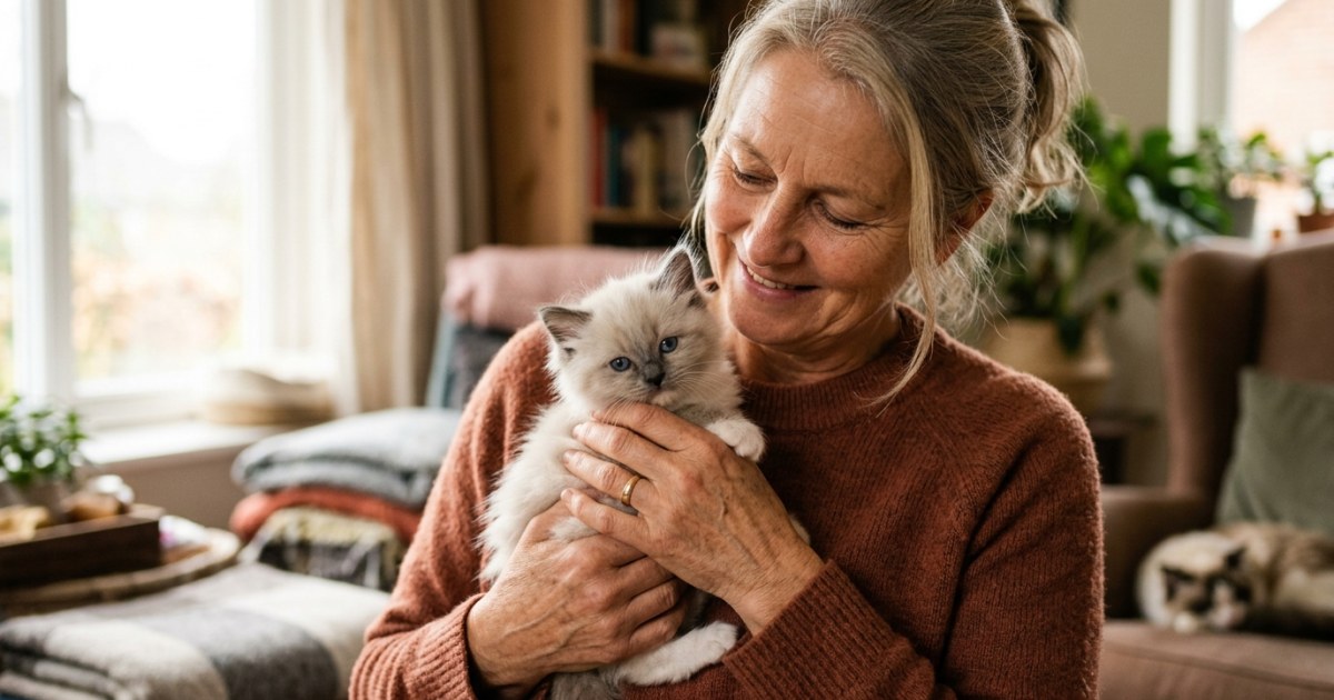 A breeder gently cradling a small Ragdoll kitten in both hands, making eye contact with it in a warm home environment