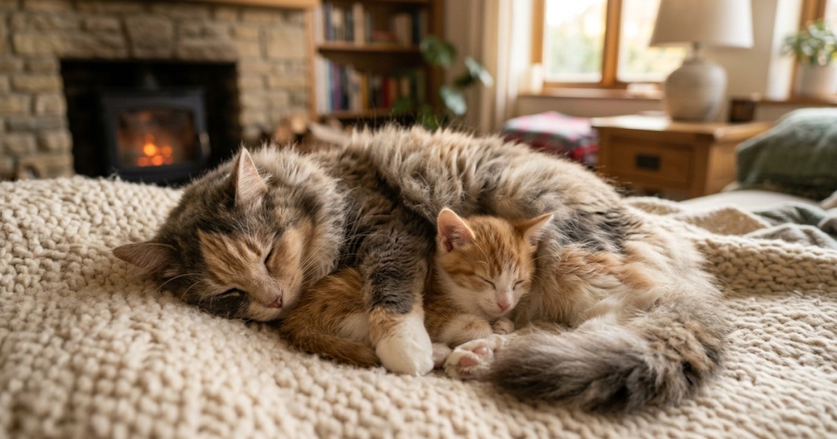 A senior cat and a kitten resting peacefully together in a new home
