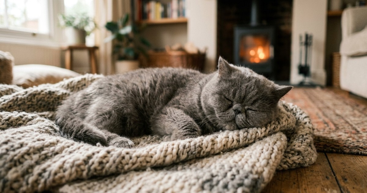 Elderly flat faced Persian cat resting peacefully on a soft blanket indoors