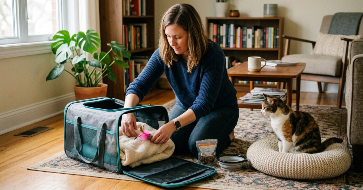 Owner preparing cat travel carrier before international relocation flight