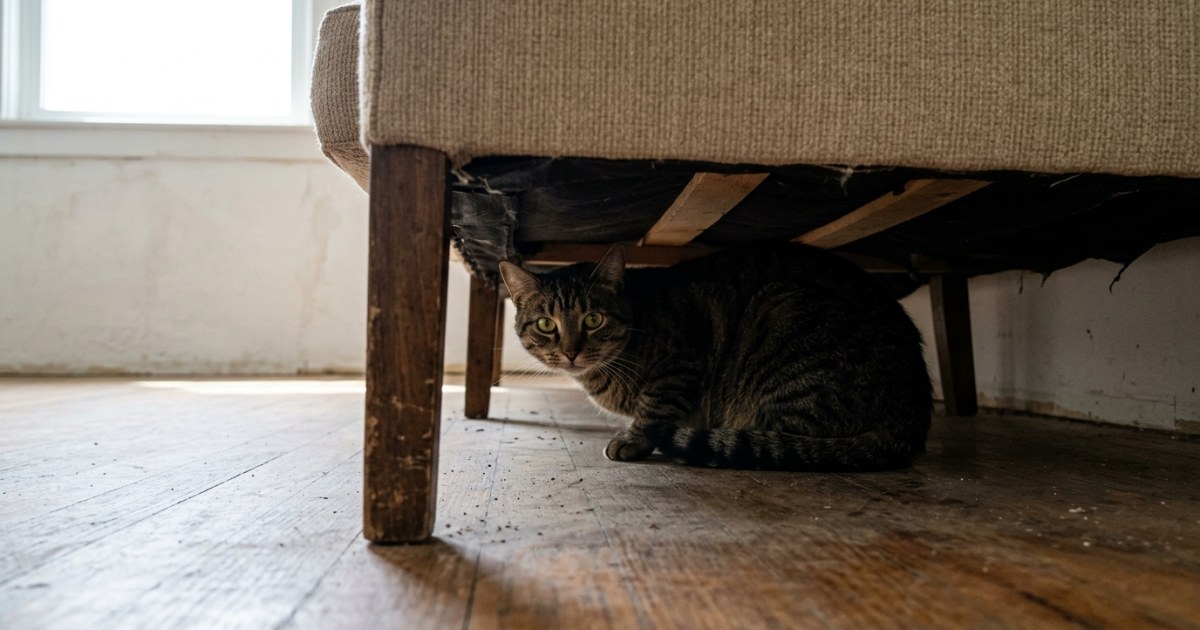 A cat hiding under furniture looking stressed and anxious