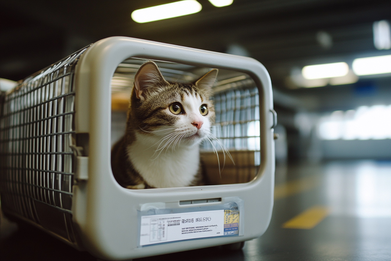 IATA-approved pet travel crate with airline cargo labels in airport cargo facility