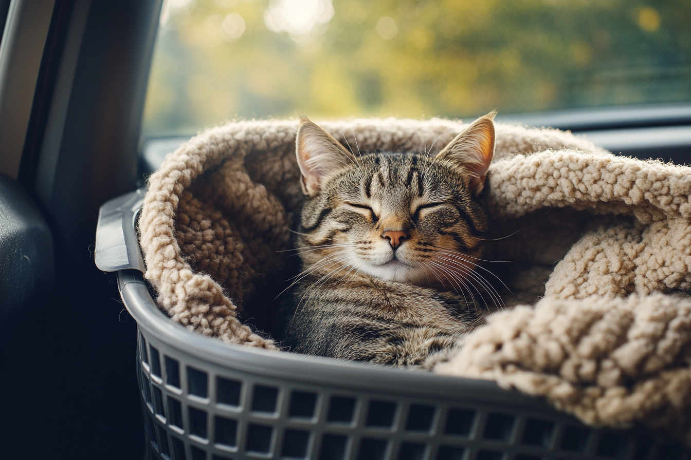 Relaxed cat resting in carrier on back seat of car during road trip with soft natural light