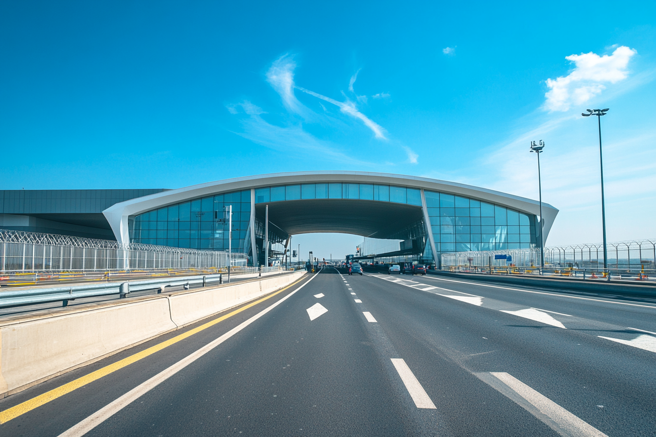 Car approaching Eurotunnel Le Shuttle terminal at Folkestone with blue sky