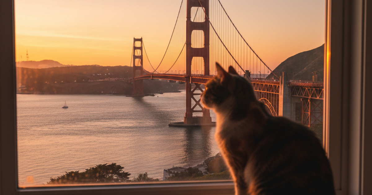 A domestic short-haired cat looking out of a window at the Golden Gate Bridge in San Francisco, symbolising arrival in the United States.