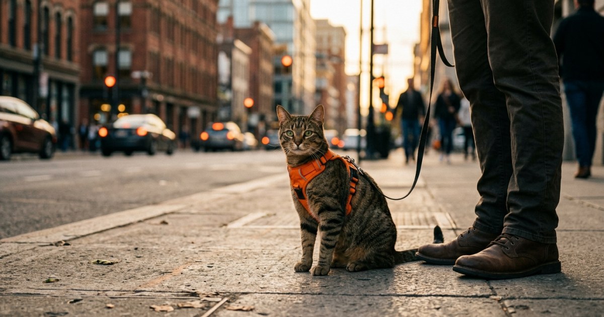 Tabby cat in an ergonomic H-style harness sitting calmly on a sunlit urban pavement during golden hour