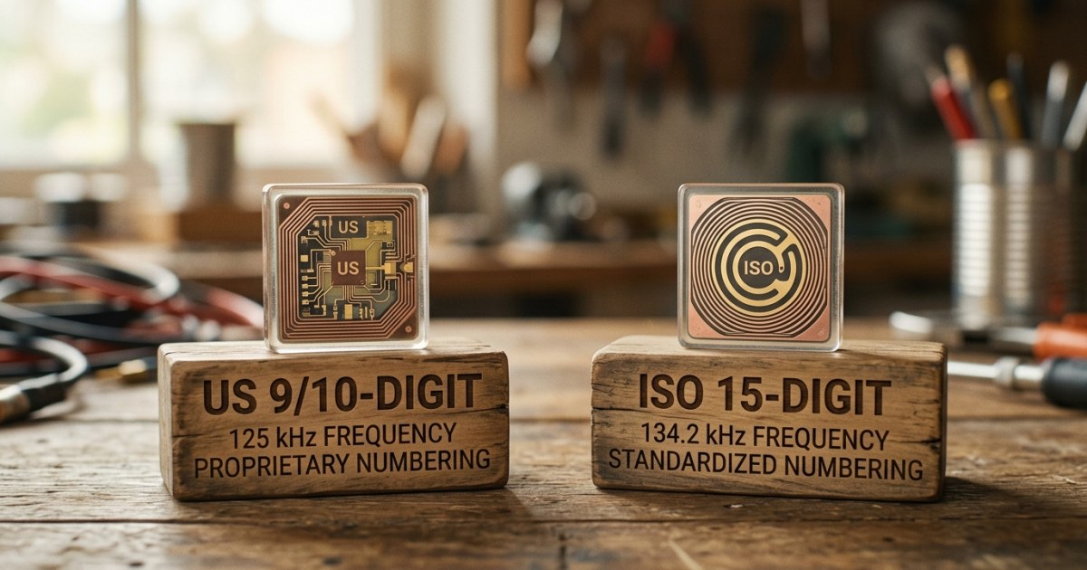 Infographic comparing two microchips, one labeled 'US 9/10-digit' and the other 'ISO 15-digit', with different frequencies and numbering structures
