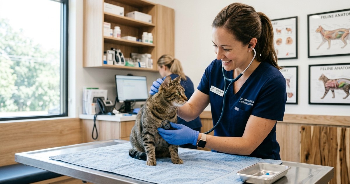 Veterinarian examining a cat before issuing an export health certificate