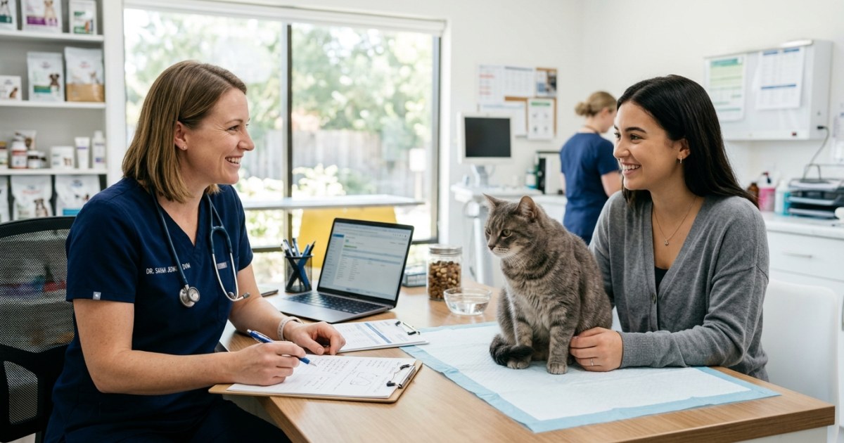 Vet speaking with a cat owner about medication options in a clinic
