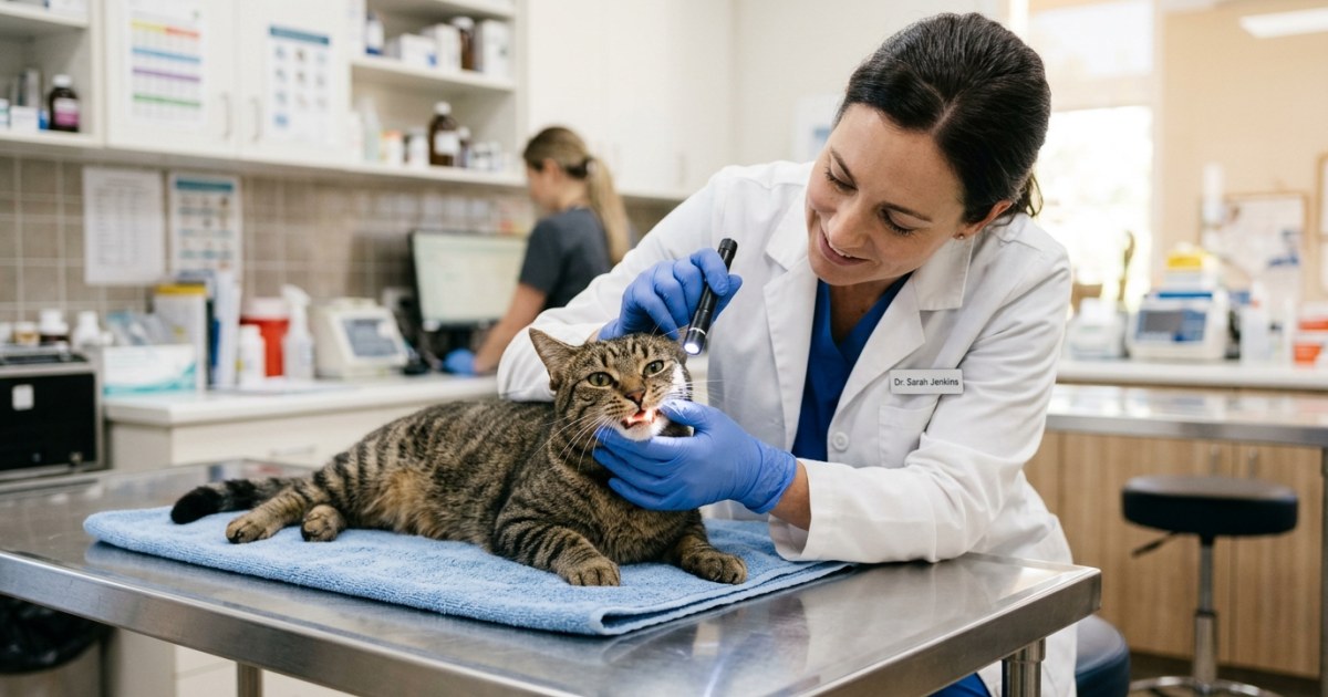 A veterinarian gently examining the mouth and teeth of a cat on a clinic examination table