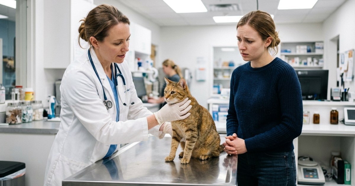 Veterinarian examining a cat on a clinic table with owner watching