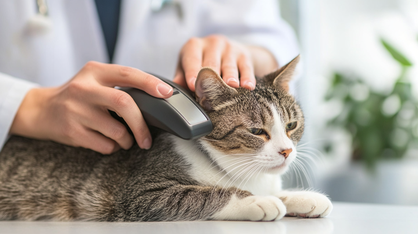 Veterinarian scanning a microchip on a cat before Australian import
