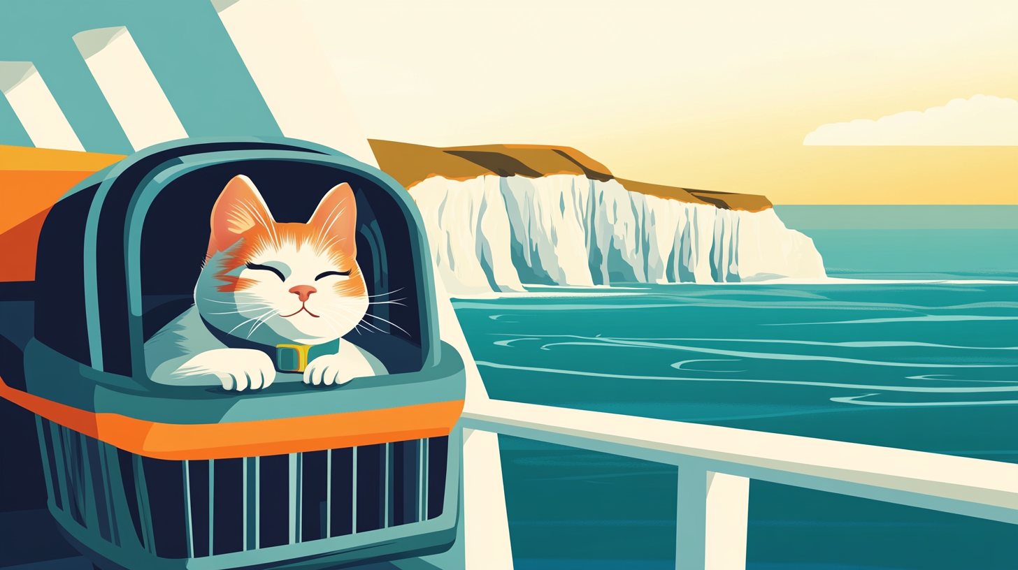 Illustrated cat sitting on a ferry crossing from the UK to Europe with ocean and coastline in background