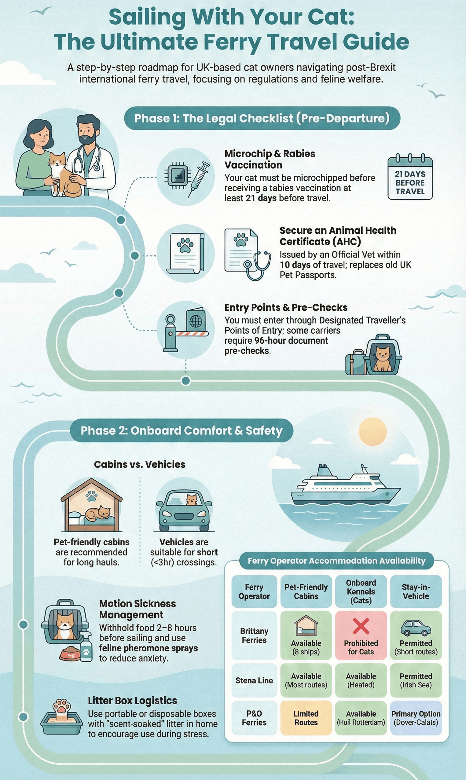 Infographic: Sailing With Your Cat - The Ultimate Ferry Travel Guide. Phase 1 covers the legal checklist including microchip and rabies vaccination sequence, securing an Animal Health Certificate within 10 days, and entering through Designated Travellers Points of Entry. Phase 2 covers onboard comfort including cabins vs vehicles comparison, motion sickness management, and litter box logistics, with a ferry operator accommodation table comparing Brittany Ferries, Stena Line, and P&O Ferries for pet-friendly cabins, onboard kennels, and stay-in-vehicle options.