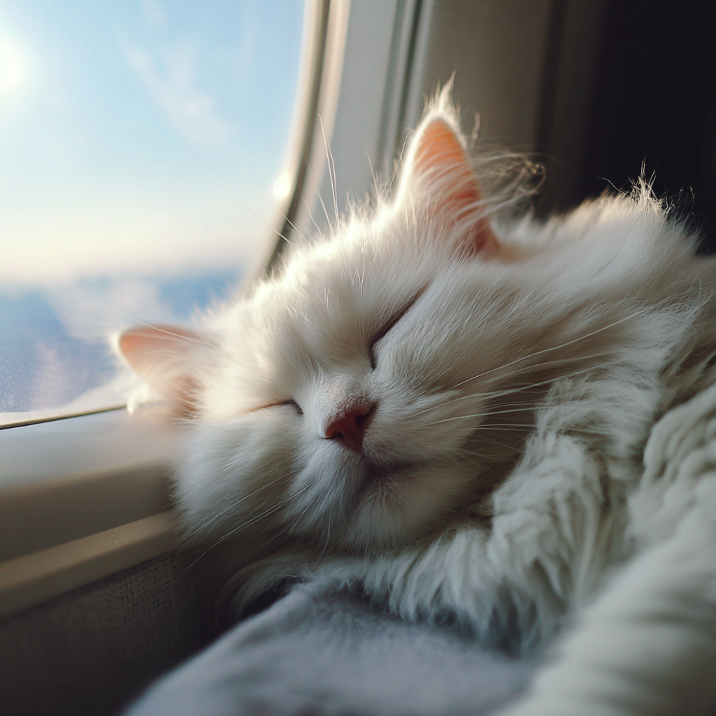 Cat resting by an airplane window